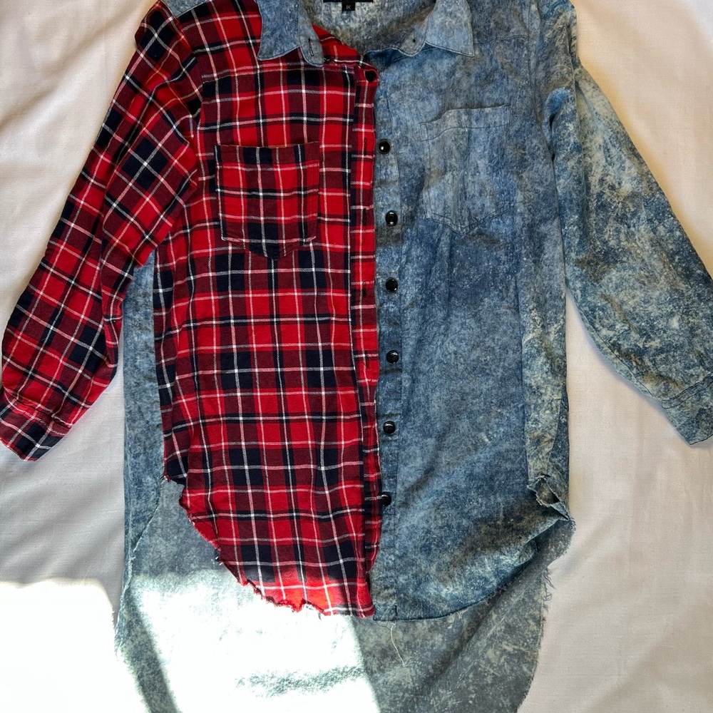Thrill Jeans Split Flannel Denim Shirt Patchwork Distressed Streetwear S
